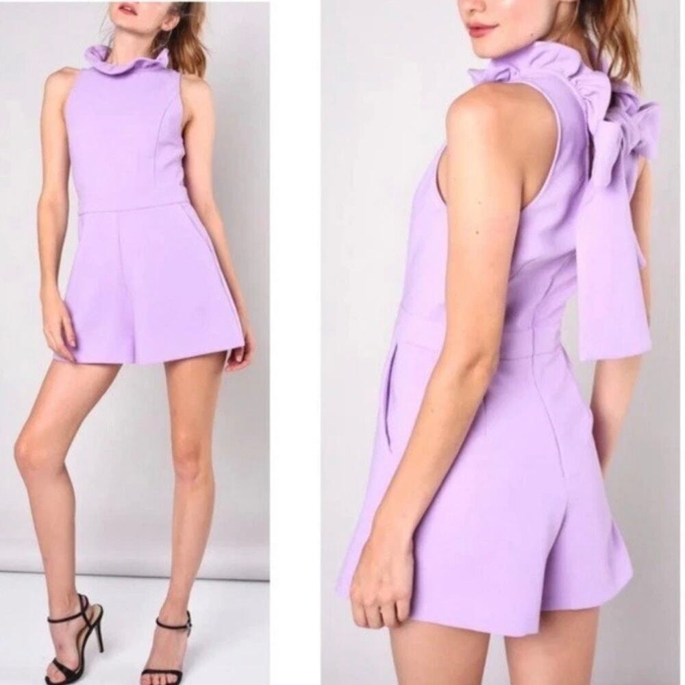 Do + Be Lilac Purple Ruffle Neck Shorts Romper Womens L Tie Bow Back Resort Wear - Picture 1 of 7